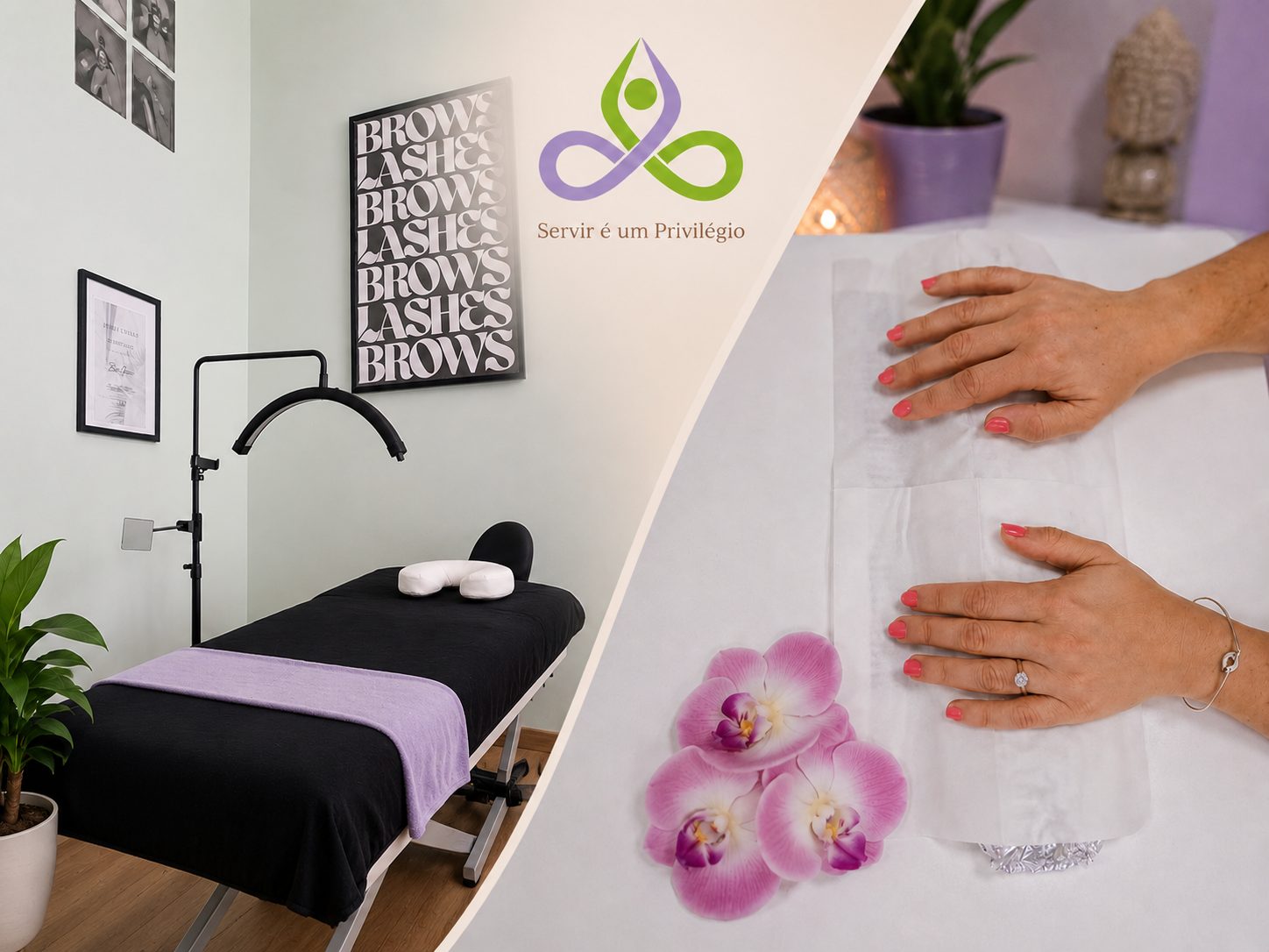 Sala de tratamento e momento de cuidado facial no Espaço Beleza e Caminhos